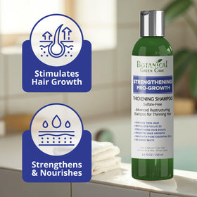 Botanical Green Care Strengthening Pro-Growth Shampoo ingredients chart highlights key botanicals.