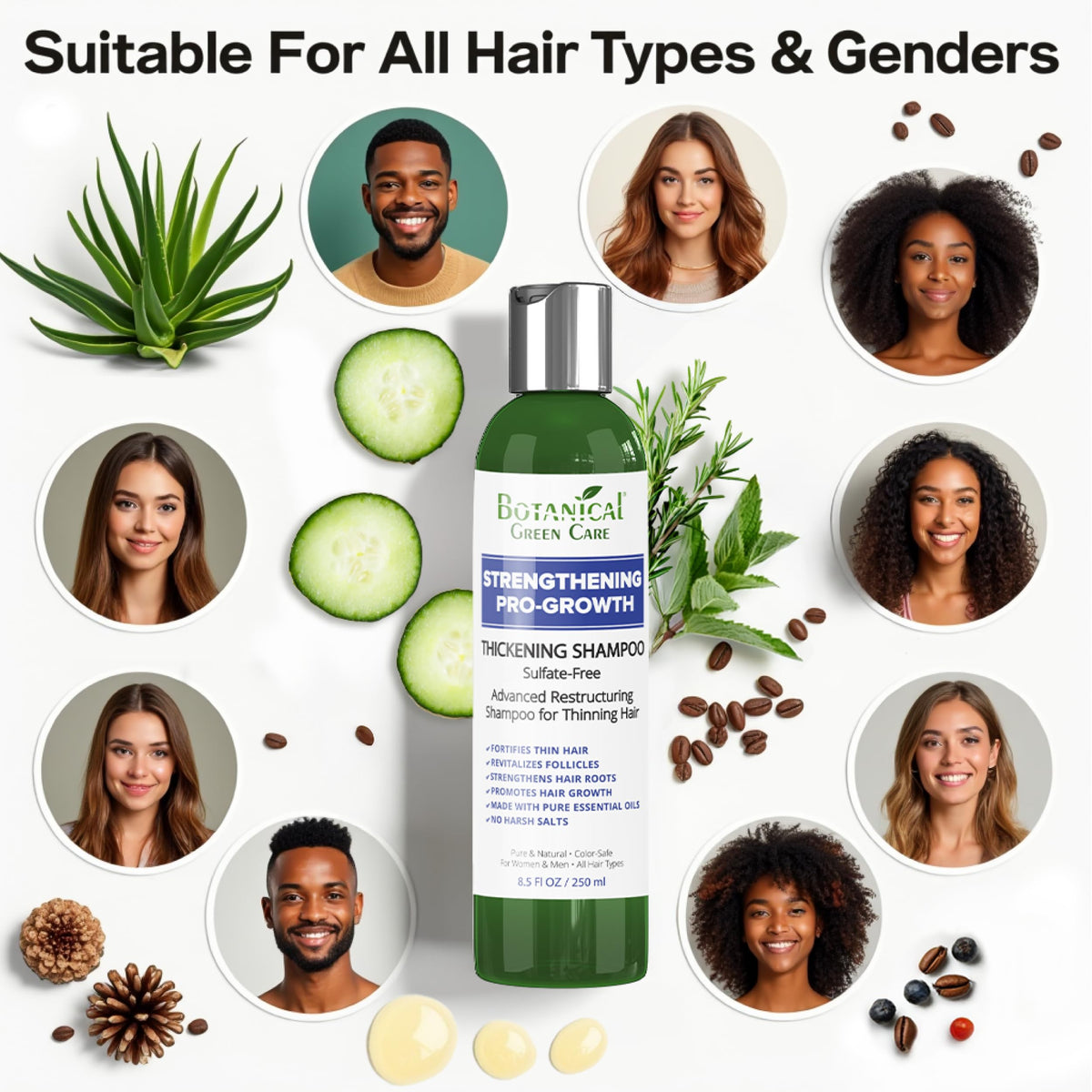 Botanical Green Care Strengthening Pro-Growth Shampoo routine on sink highlights versatile use for all genders.