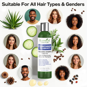 Botanical Green Care Strengthening Pro-Growth Shampoo routine on sink highlights versatile use for all genders.
