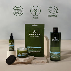 Botanics packaging with vegan branding emphasizes sustainable skincare.