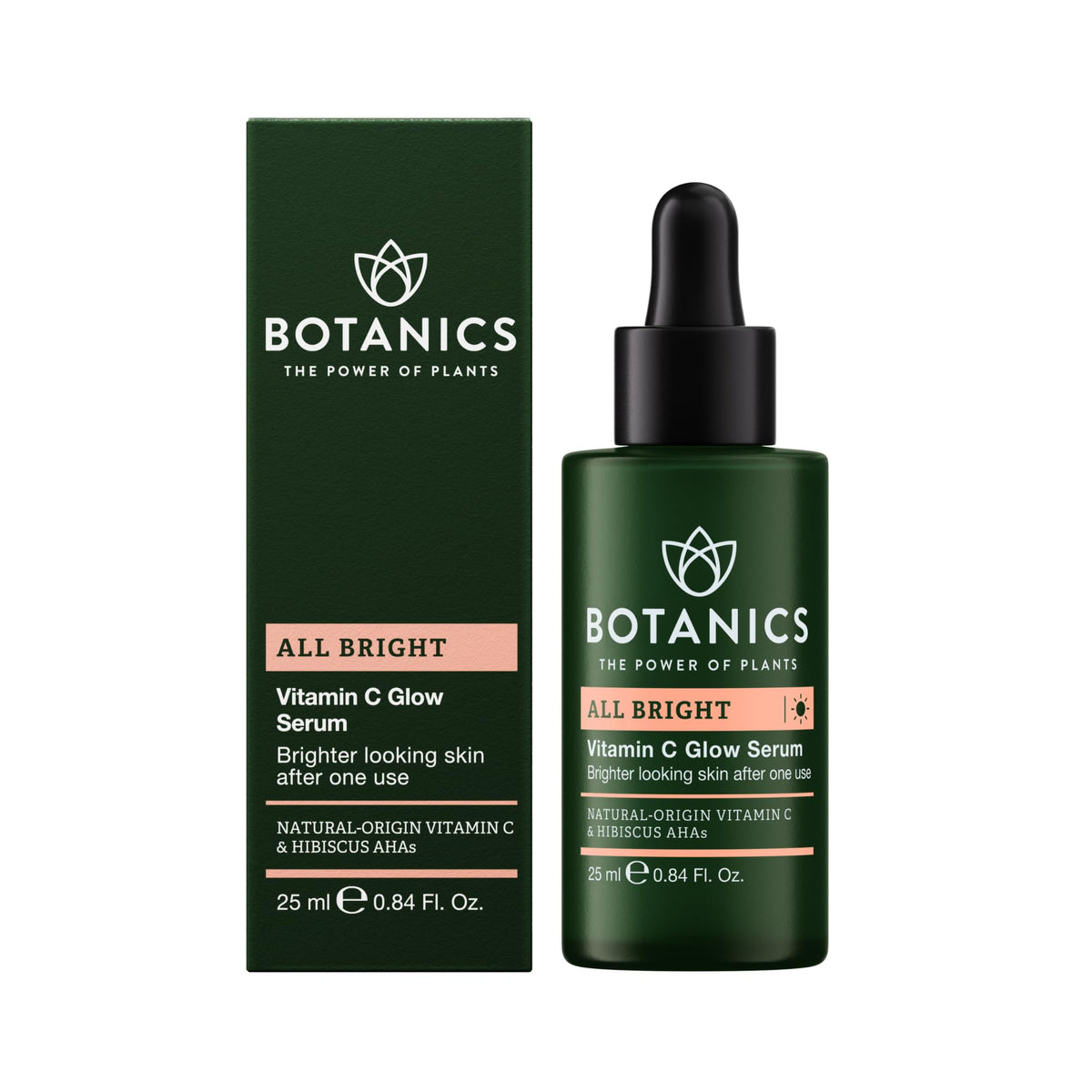 Botanics Vitamin C Serum bottle pour shows brightening potential on dull skin.