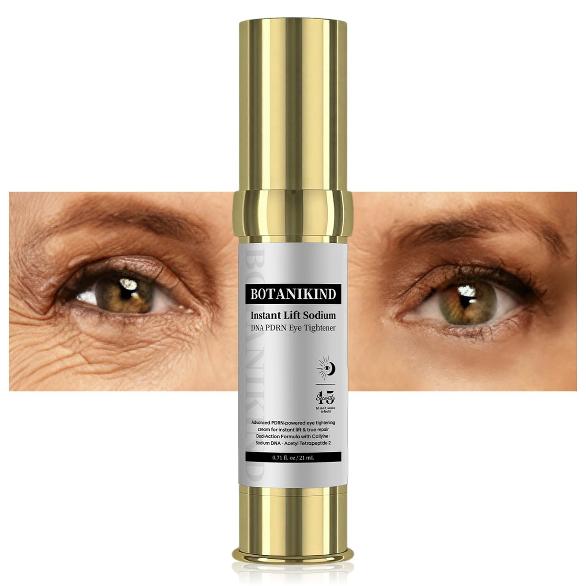 Botanikind 15S Eye Tightener being applied for instant lift and smoothness around the eyes