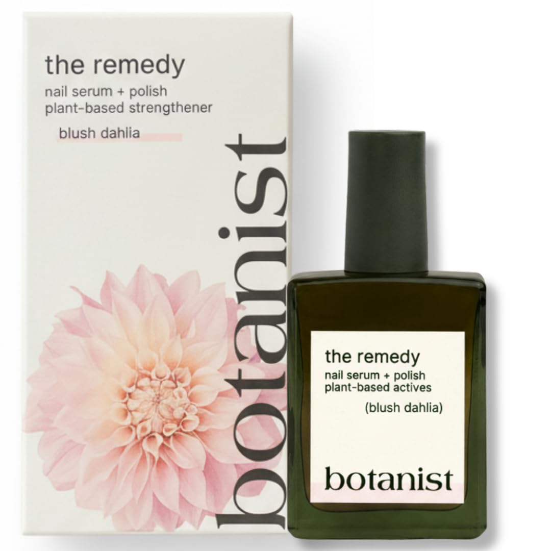 Botanist Nails The Remedy bottle close-up, plant-based non-toxic polish for damaged nails.