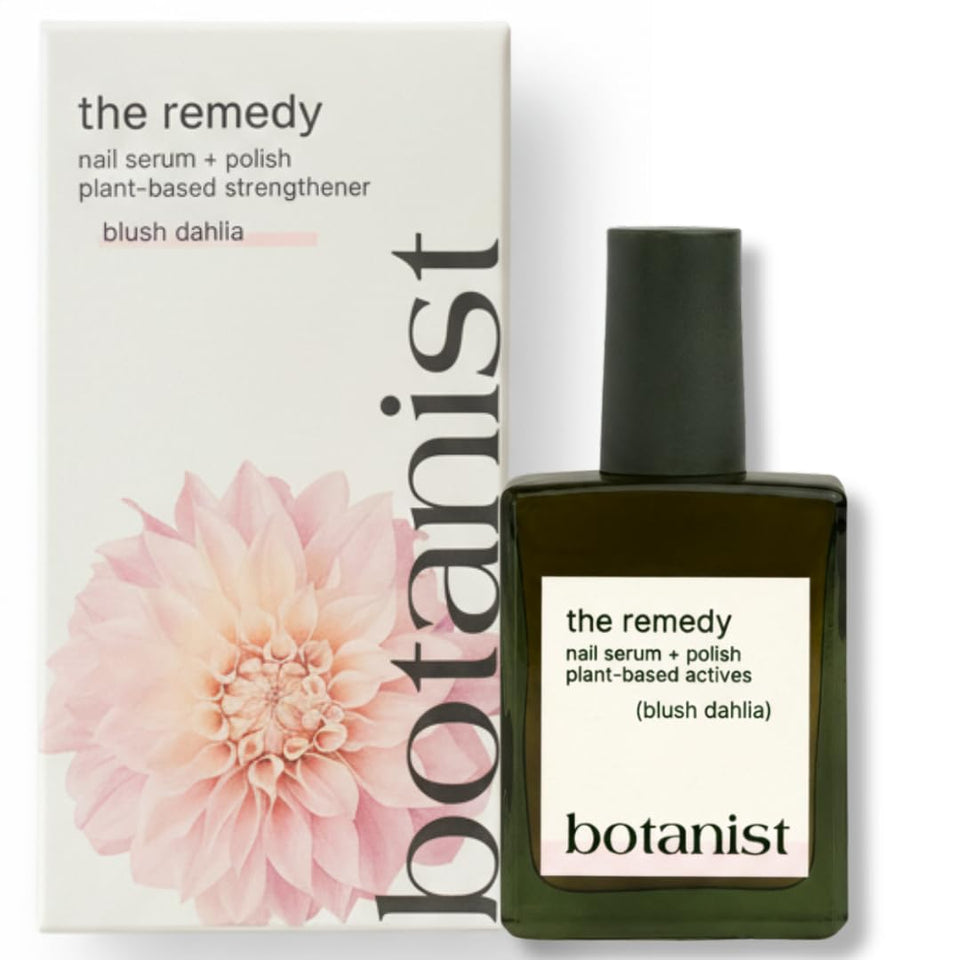 Botanist Nails The Remedy bottle close-up, plant-based non-toxic polish for damaged nails.