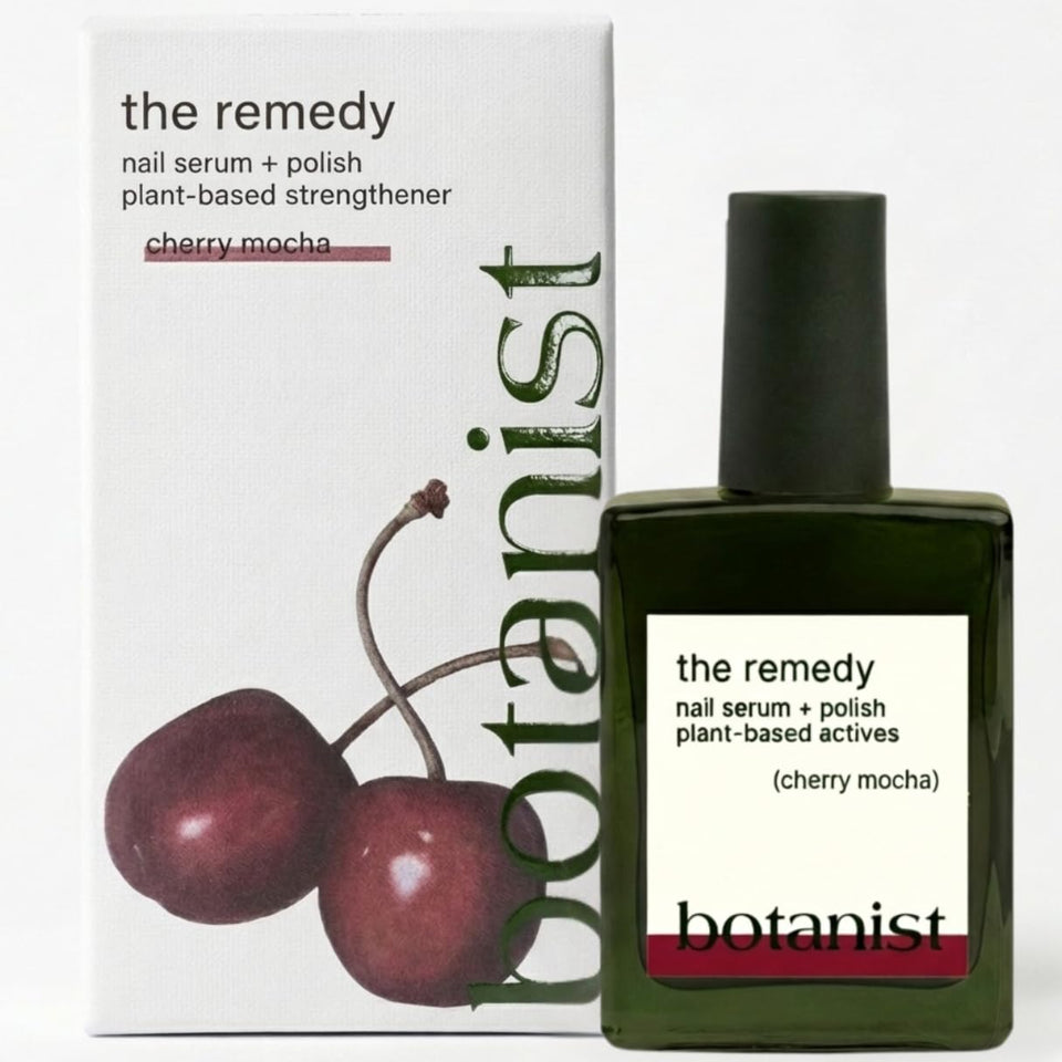 Botanist Nails The Remedy bottle close-up shows plant-based strength for damaged nails.