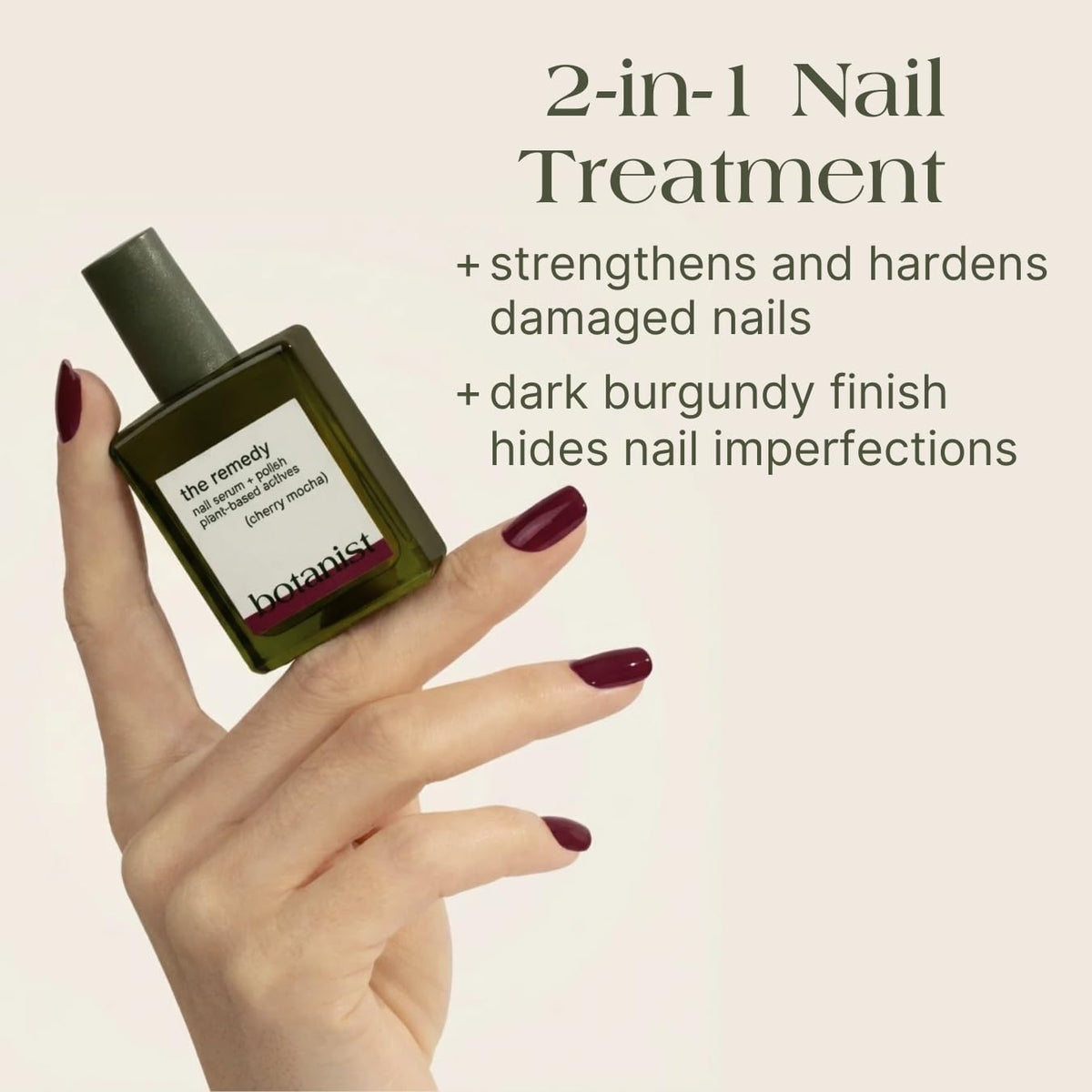Botanist Nails The Remedy swatch rose mocha provides tinted color and coverage.