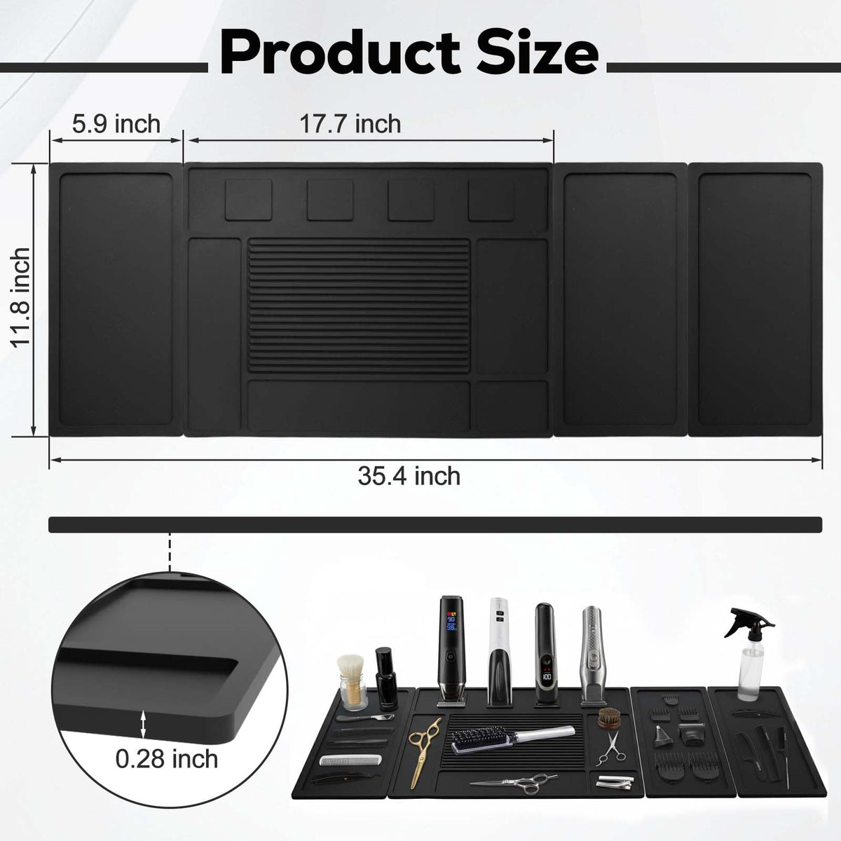 Botyboty barber mat with magnets organizes tools within reach during busy shifts.