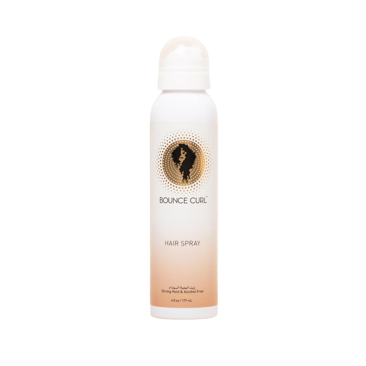 Bounce Curl Alcohol-Free Strong Hold HairSpray bottle shows long-lasting flexible hold.