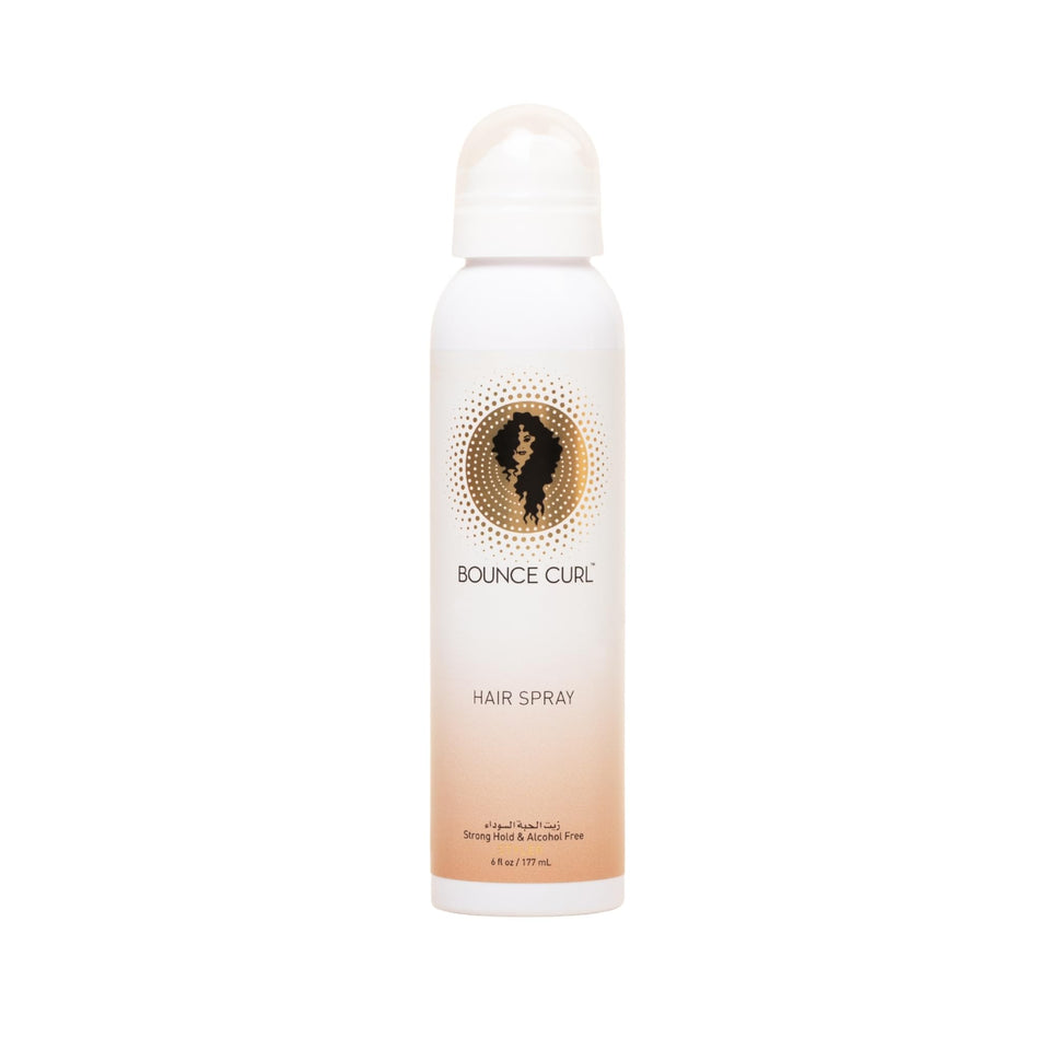 Bounce Curl Alcohol-Free Strong Hold HairSpray bottle shows long-lasting flexible hold.