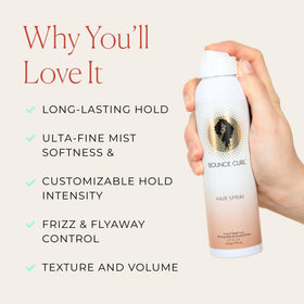 Bounce Curl Alcohol-Free Strong Hold HairSpray mist dispenses evenly for a natural finish.