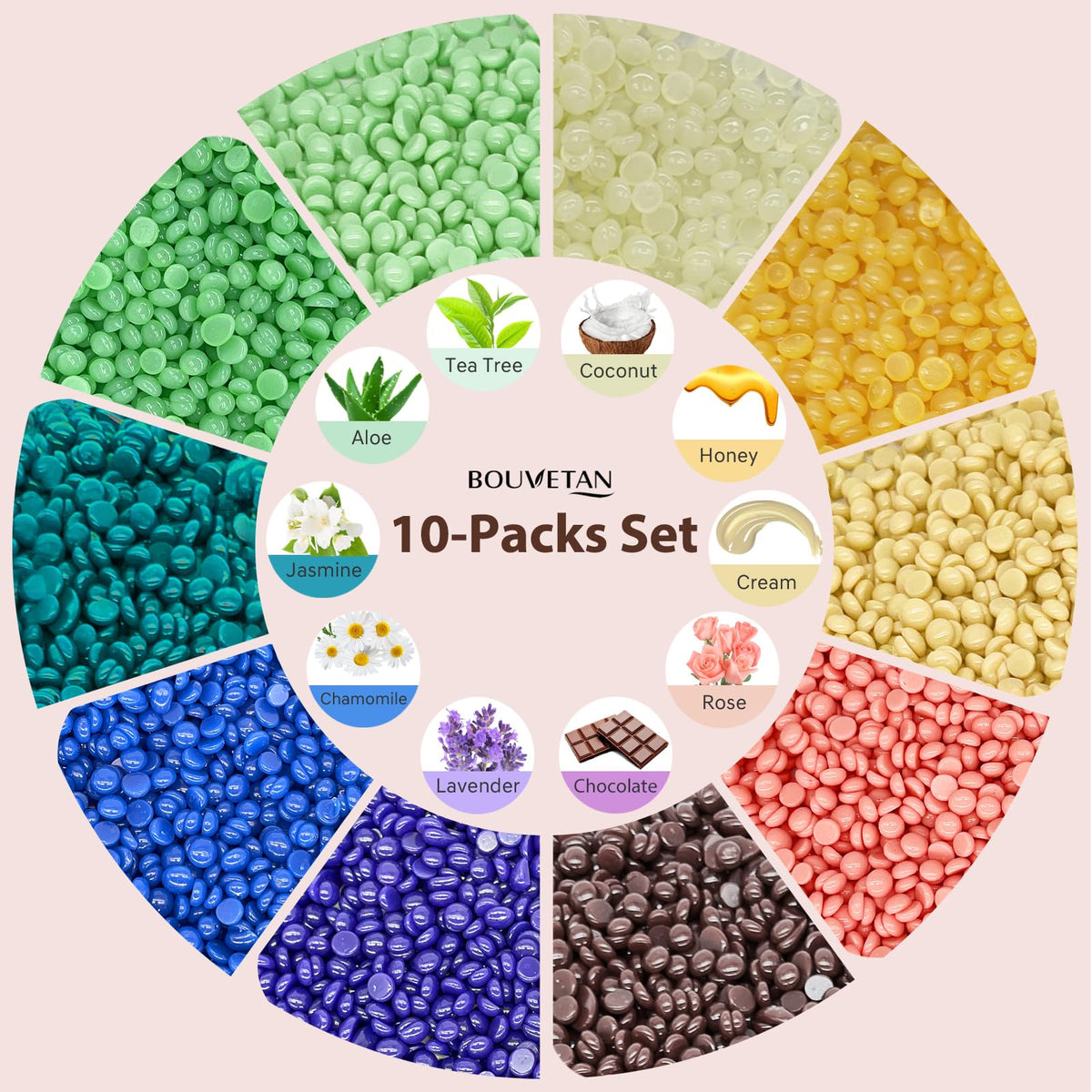 Bouvetan wax beads close-up—color assortment and soothing scent for a relaxed waxing experience.