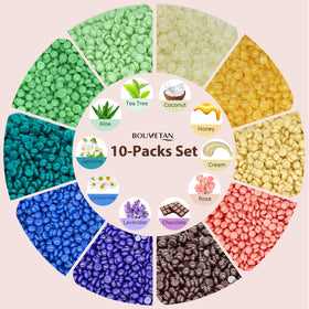 Bouvetan wax beads close-up—color assortment and soothing scent for a relaxed waxing experience.