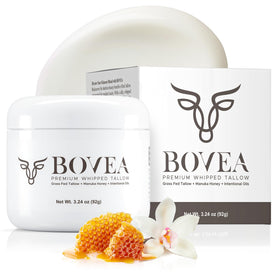 BOVEA Whipped Tallow Honey Balm jar close-up highlights rich hydration.