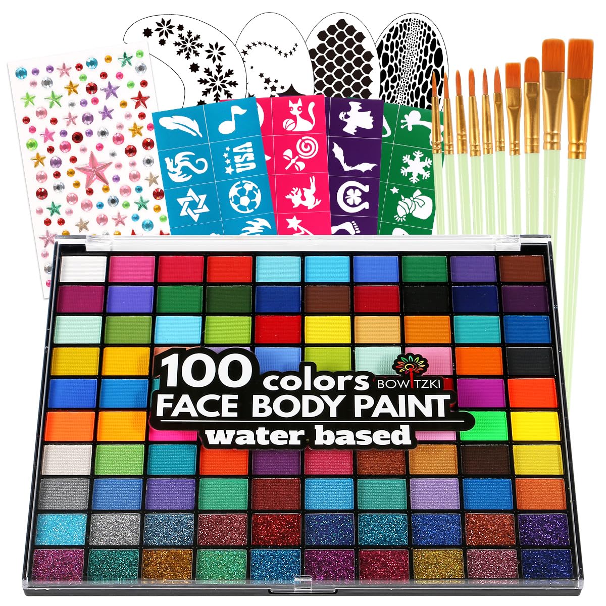 Bowitzki Face Paint Kit with 100 colors offering bold, long-lasting designs for every skin tone.