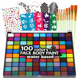 Bowitzki Face Paint Kit with 100 colors offering bold, long-lasting designs for every skin tone.