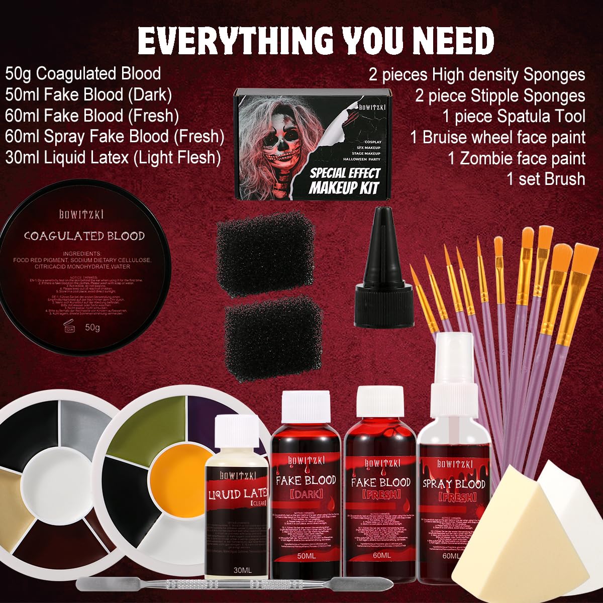 Bowitzki Pro SFX Kit dark fake blood for deep, realistic injury details.