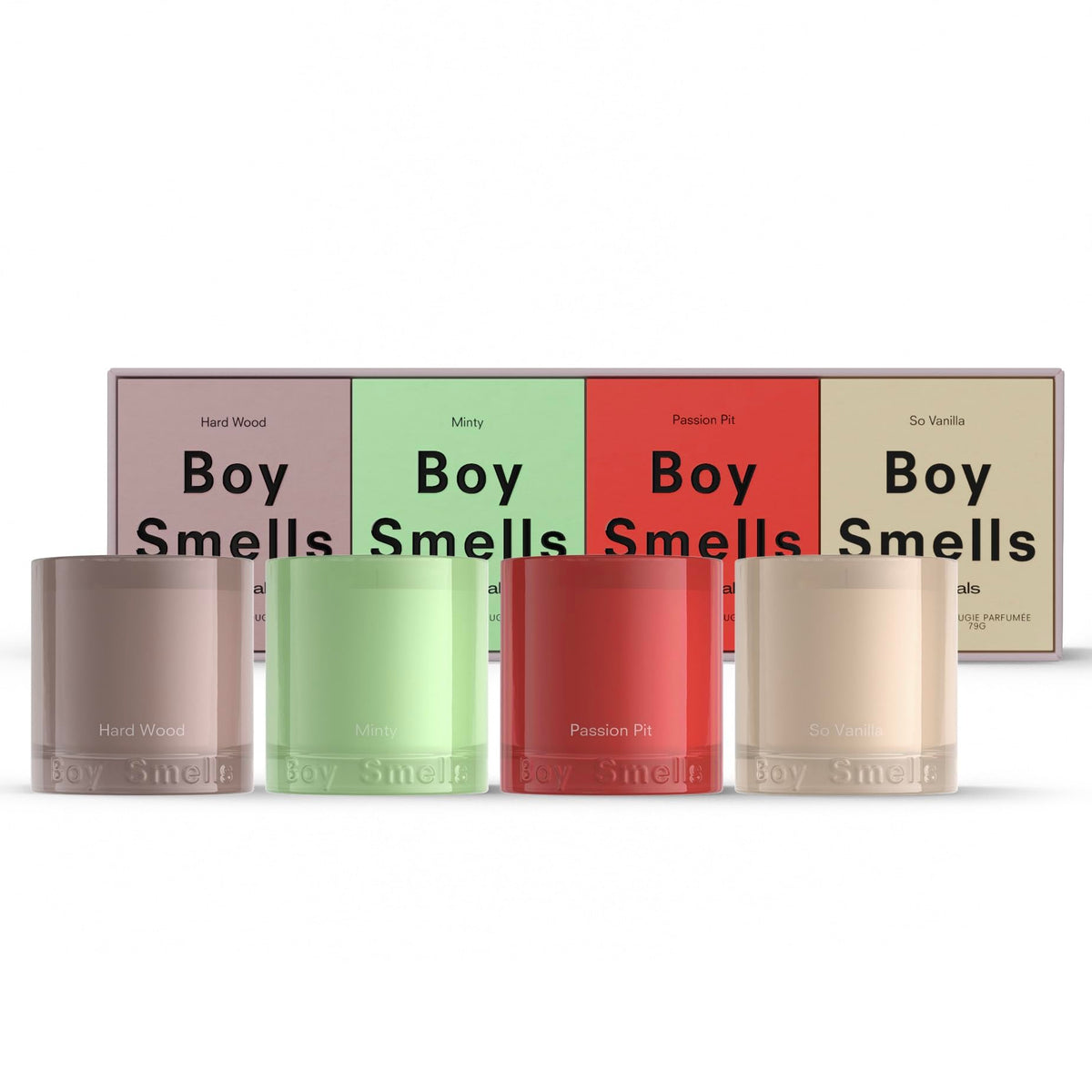 Boy Smells Essentials Quad Votive Set in gift-ready candy-colored glass vessels.
