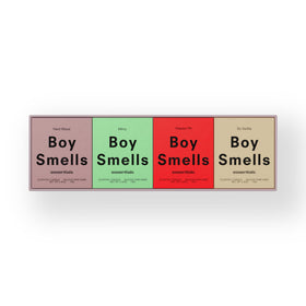 Boy Smells Hard Wood votive close-up label detail.