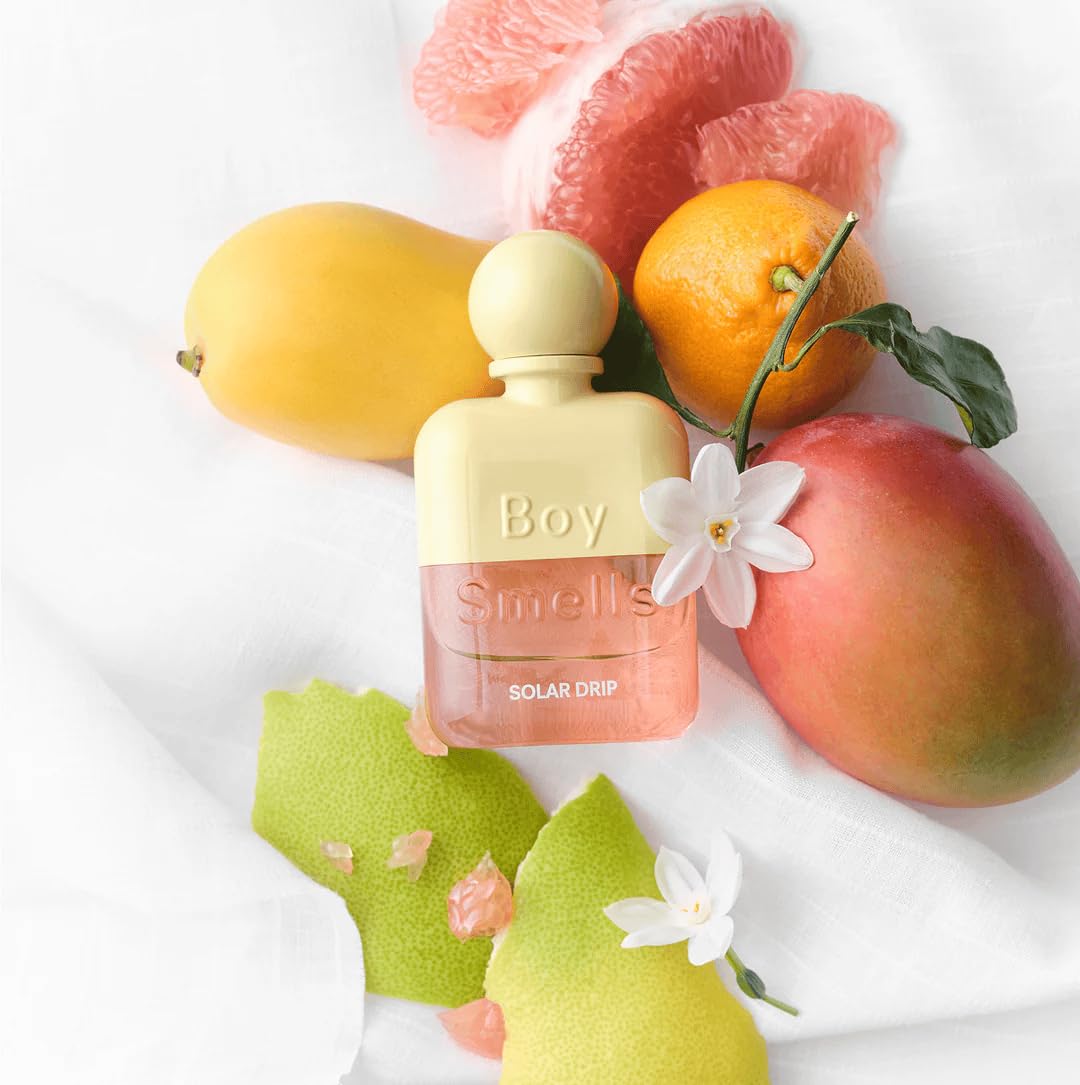 Boy Smells Solar Drip bottle-liquid glow hints at a warm musk finish and longevity.