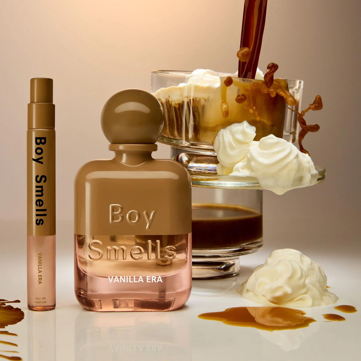 Boy Smells Vanilla Era cap and espresso hues evoke the scent’s bold yet balanced vibe.