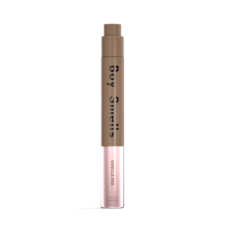 Boy Smells Vanilla Era travel-size bottle on vanity, ideal for on-the-go fragrance touch-ups.