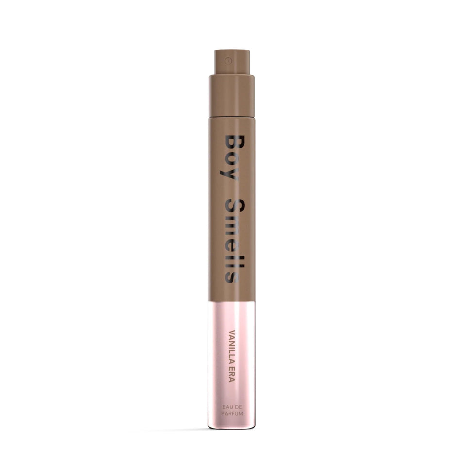 Boy Smells Vanilla Era travel-size bottle on vanity, ideal for on-the-go fragrance touch-ups.