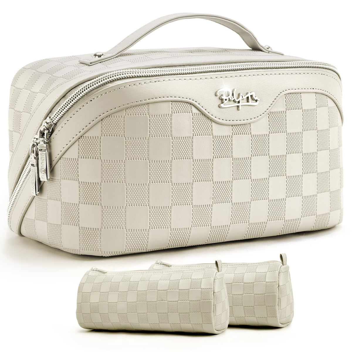 BOYATU 3pc travel makeup bag flat lay shows organized packing for trips.