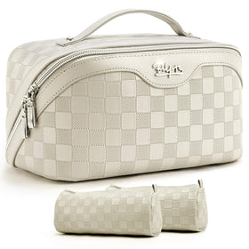 BOYATU 3pc travel makeup bag flat lay shows organized packing for trips.