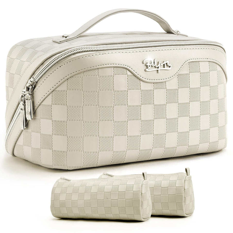 BOYATU 3pc travel makeup bag flat lay shows organized packing for trips.