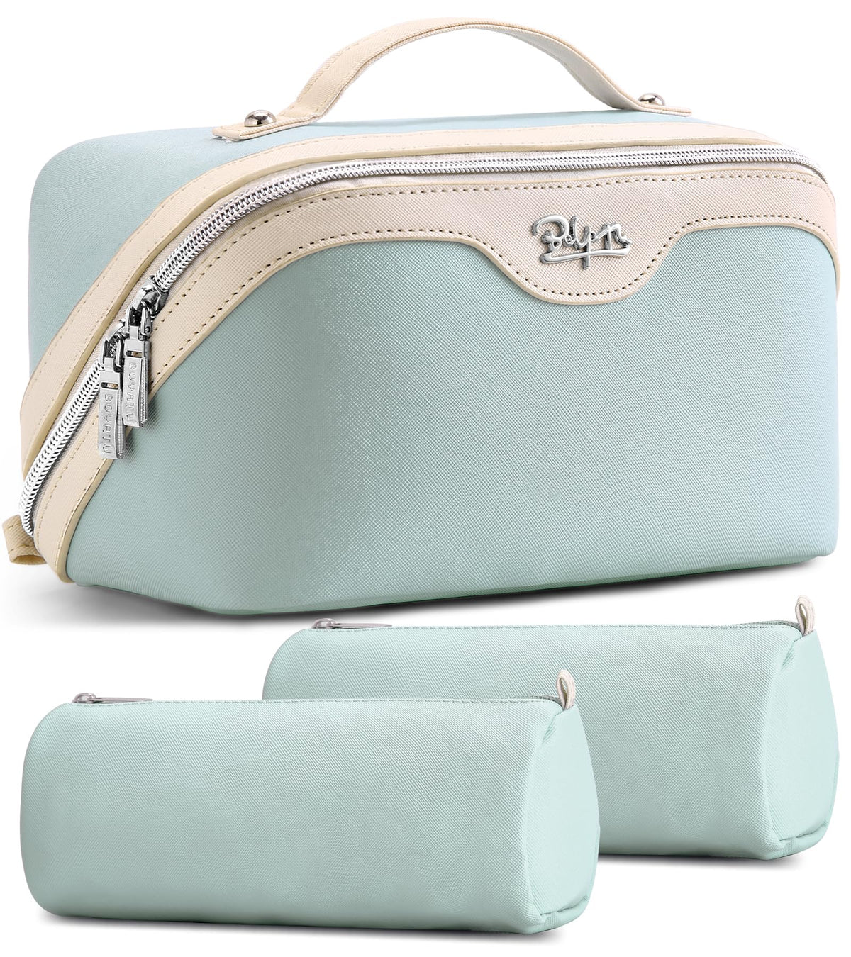 BOYATU A-06 blue travel makeup bag, front view, ideal for on-the-go organization.