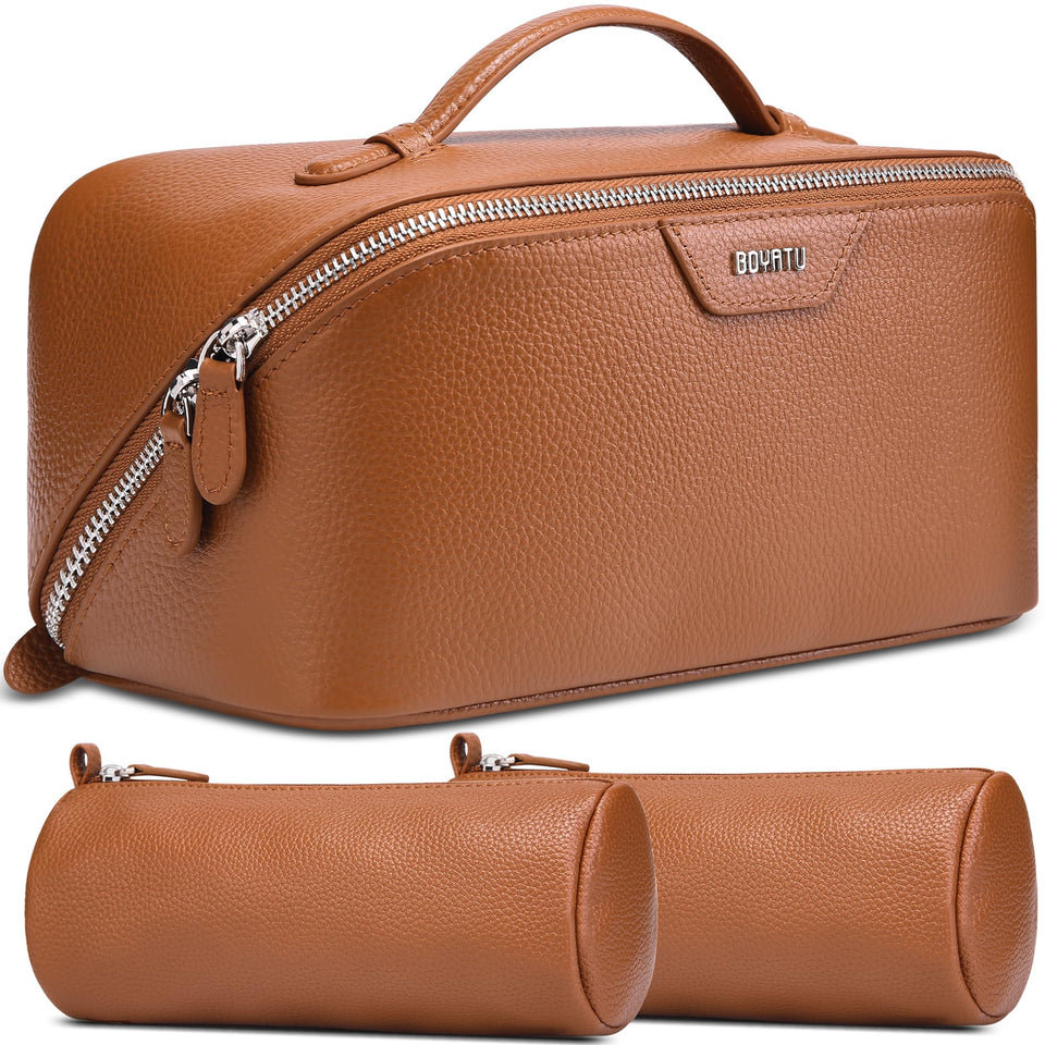 BOYATU genuine leather travel makeup bag main bag showing organized compartments for easy packing