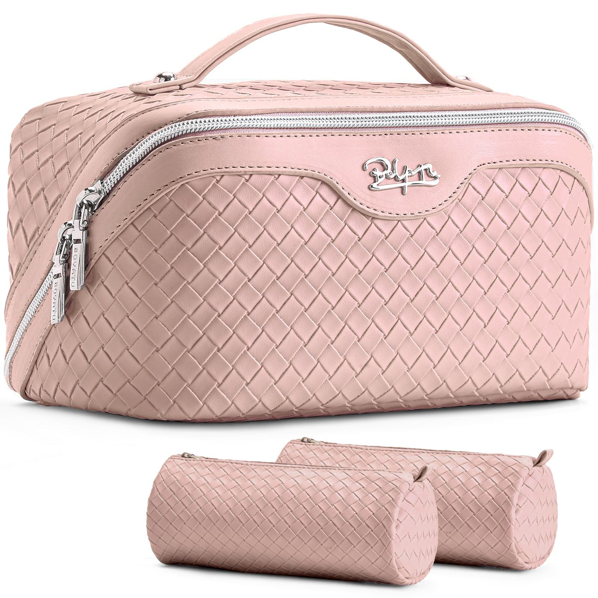 BOYATU Travel Makeup Bag L04 Light Pink, waterproof vegan leather for on-the-go organization.