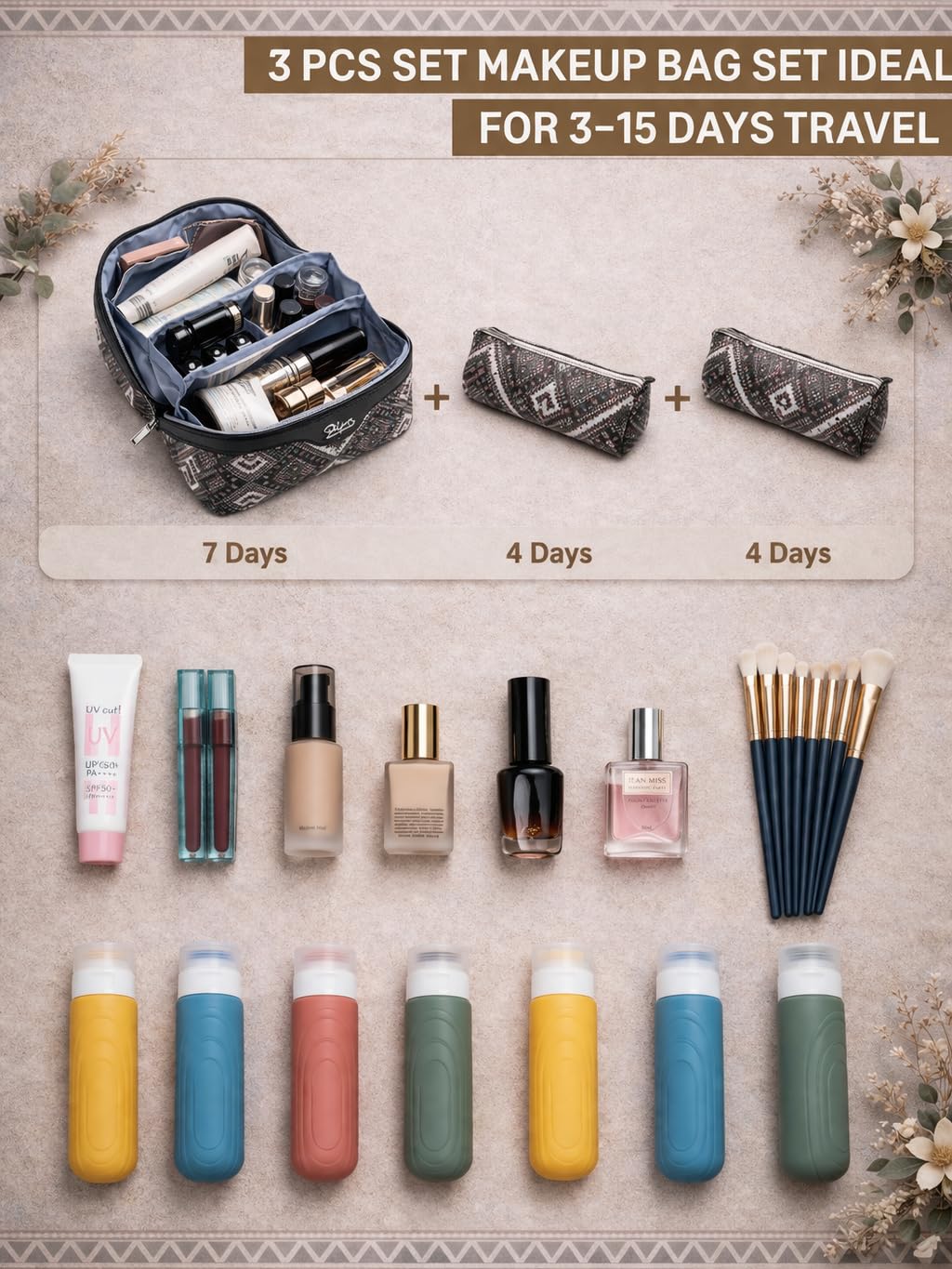 Large organizer fits full-size bottles up to 230 ml for trips.