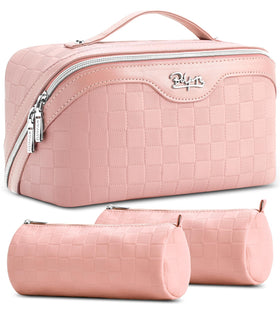 BOYATU pink checkered travel makeup bag main compartment keeps cosmetics organized on trips.