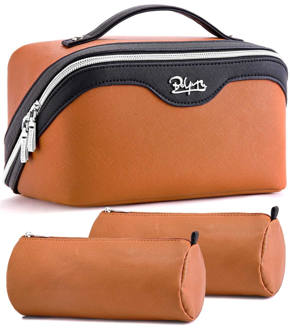 BOYATU travel makeup bag with orange handle keeps cosmetics organized on trips