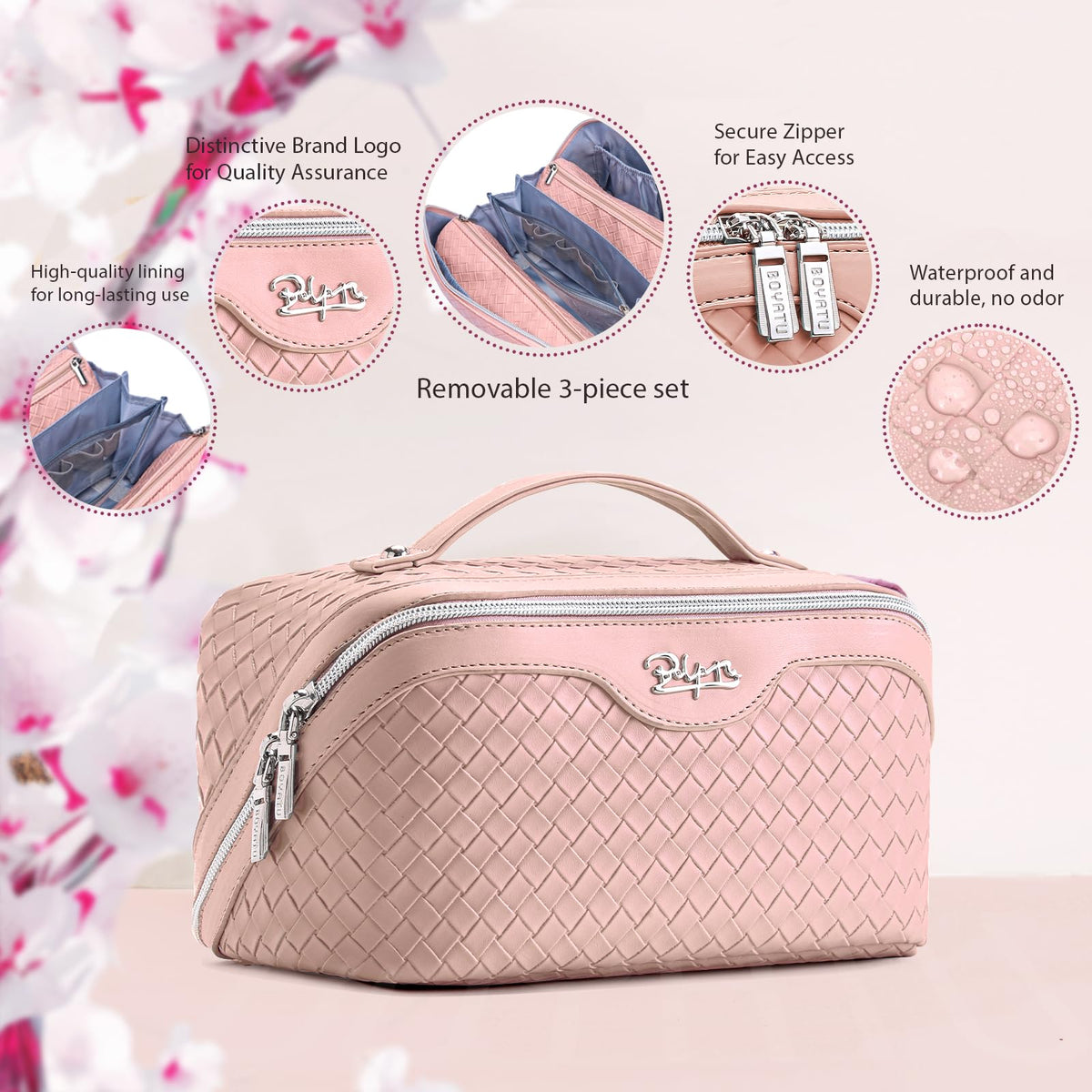 BOYATU 3-piece set with compartments keeps cosmetics neatly separated for quick access.