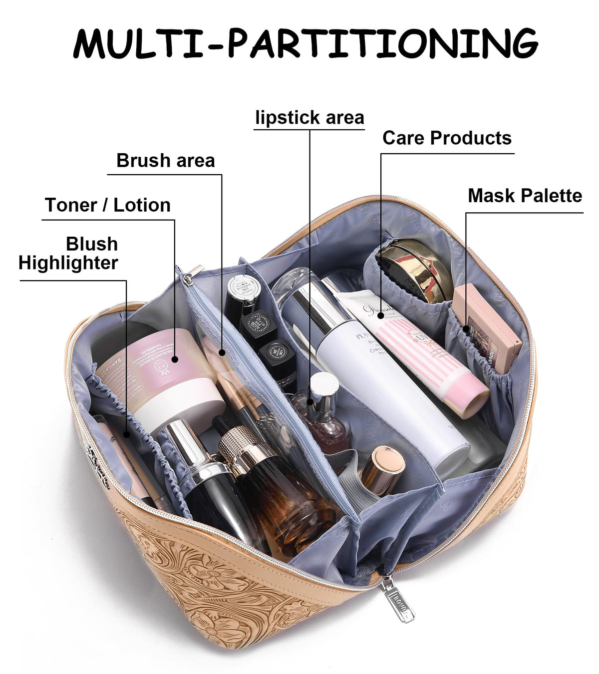 Boyatu makeup bag with detachable pouches for flexible travel organization.