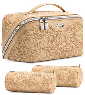 Boyatu travel makeup bag close-up in floral PU leather, waterproof and durable.