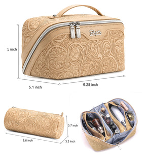 Boyatu travel makeup bag opened to reveal organized compartments and pockets.