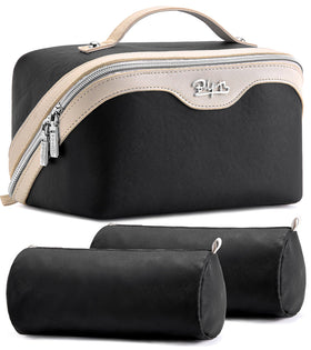 BOYATU travel makeup bag set A01 black with main compartments for organized cosmetics.