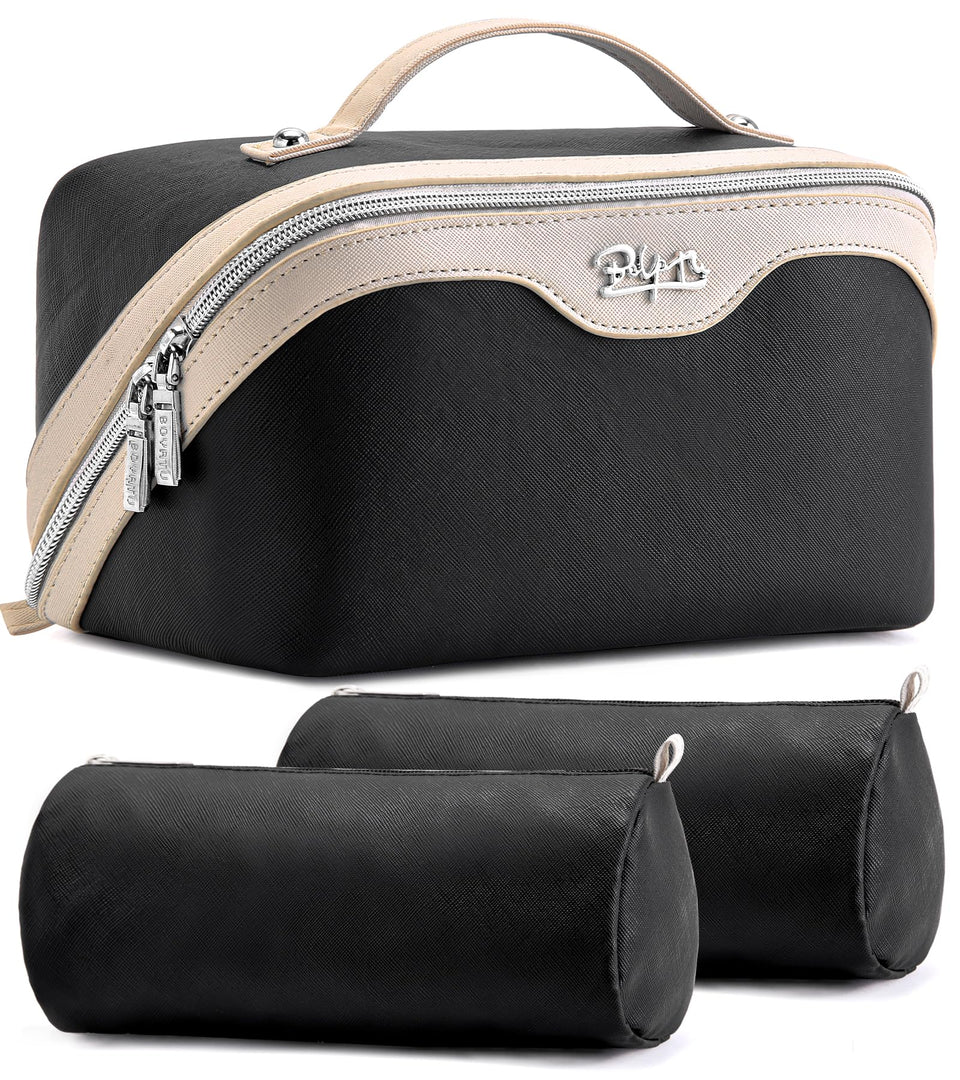 BOYATU travel makeup bag set A01 black with main compartments for organized cosmetics.