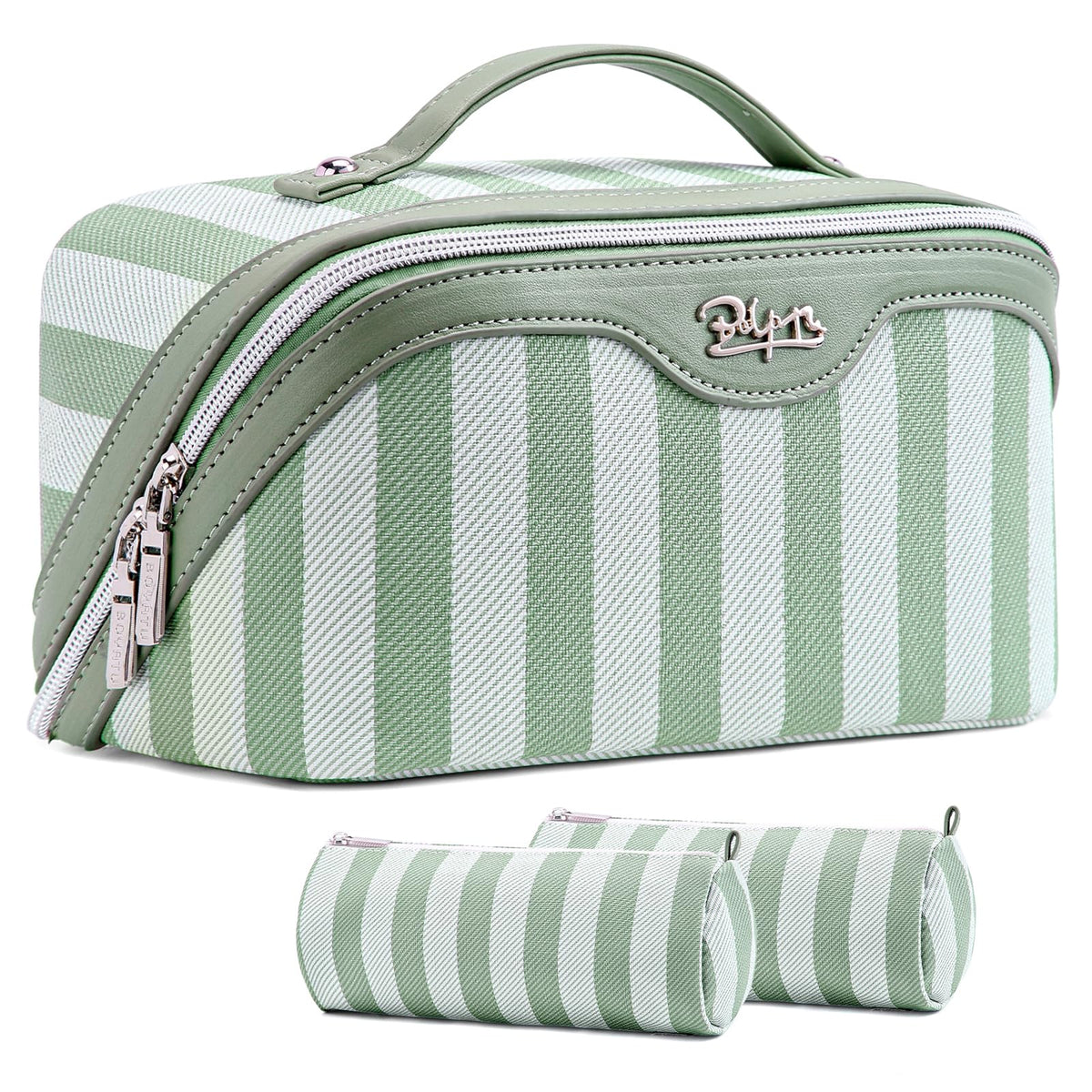 BOYATU travel makeup bag striped green front view showing compact design for travel