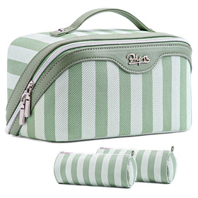 BOYATU travel makeup bag striped green front view showing compact design for travel