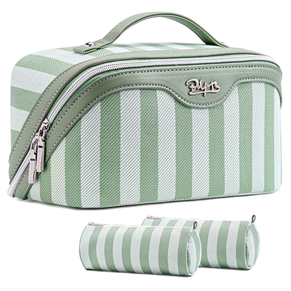 BOYATU travel makeup bag striped green front view showing compact design for travel