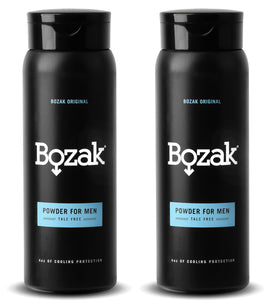 Bozak Cooling Powder jar packaging shows a talc-free formula for all-day dryness