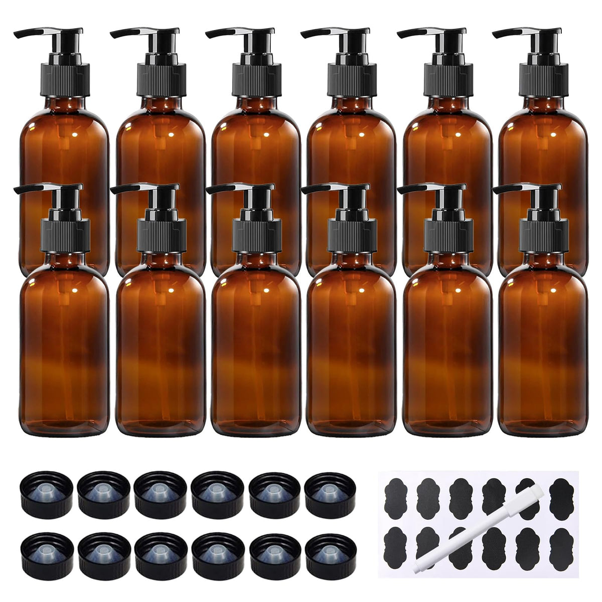 BPFY 8 oz amber glass bottle with pump for essential oils and lotions.