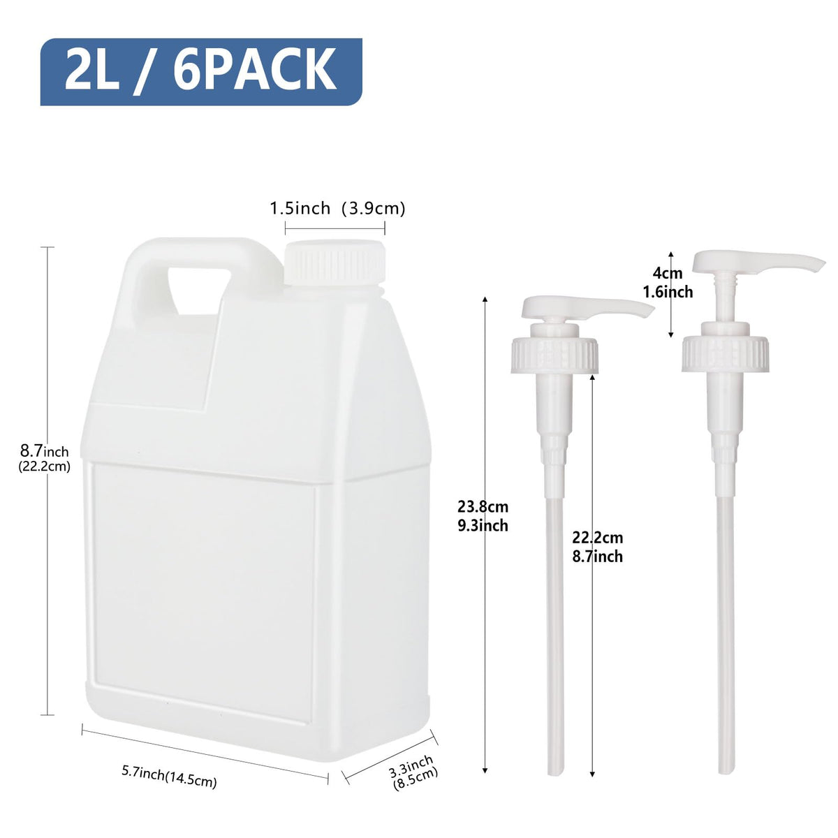 BPFY six-pack of 64 oz jugs with lids and pumps for camping and home use.