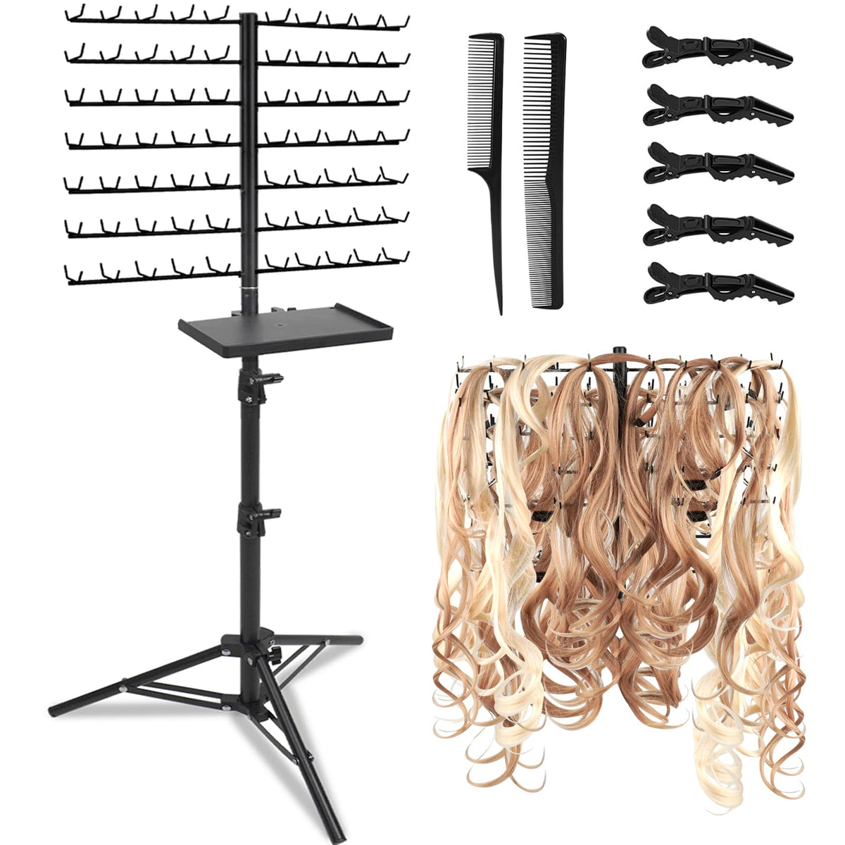 BRIAN & DANY 140-peg braiding rack stand keeps extensions neatly organized during sessions.