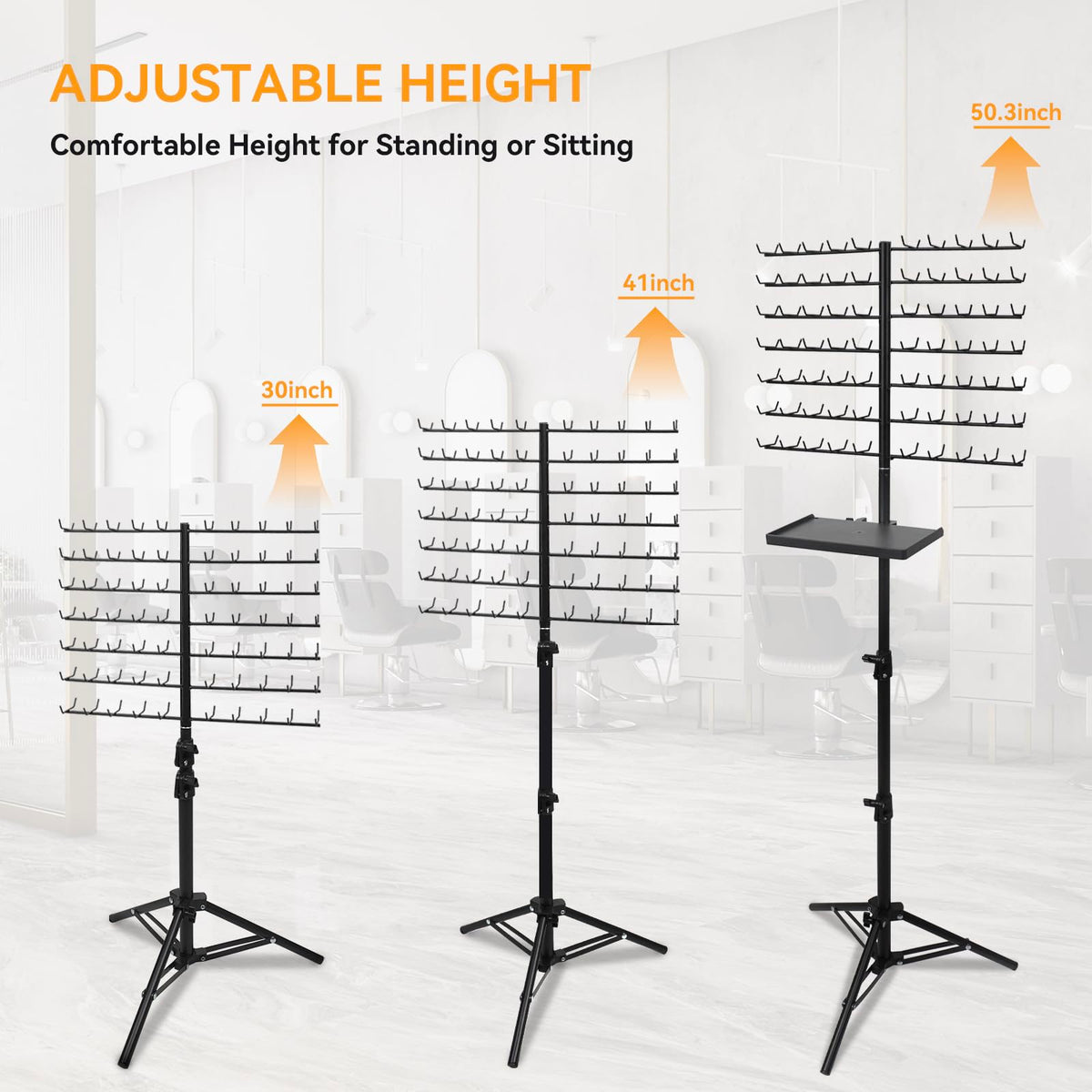 BRIAN & DANY height-adjustable stand for comfortable styling posture.