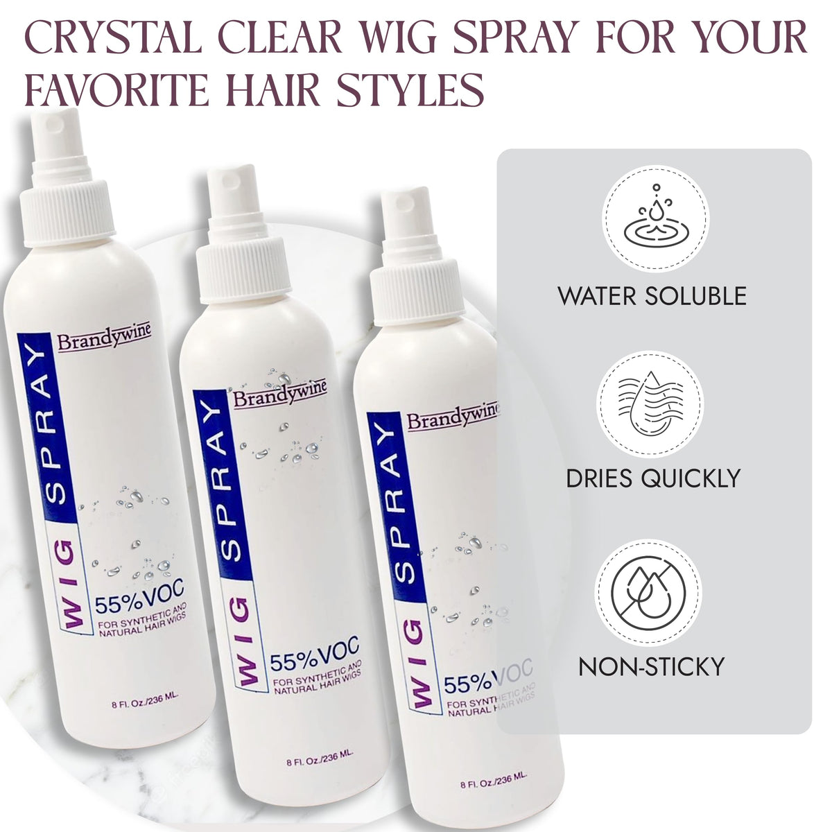Brandywine frizz-control wig spray helps tame flyaways.